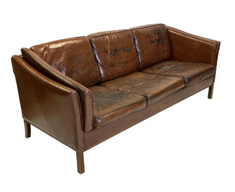 DANISH SOFA, 1970's three seater, teak framed and worn grained leather upholstered, 200cm W. 