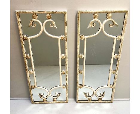 ARCHITECTURAL WALL MIRRORS, pair, 111cm high, 48cm wide, Regency style, aged metal frames. (2) 