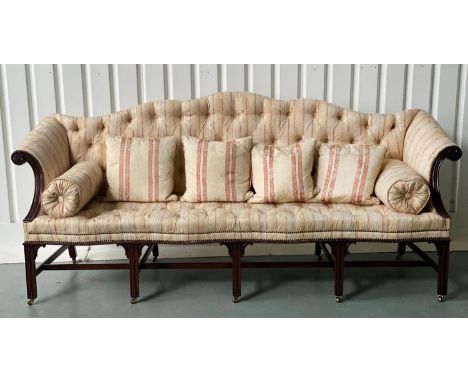 SOFA, George III style mahogany with buttoned striped brocade upholstery, camel back and stretchered supports, 239cm W. 