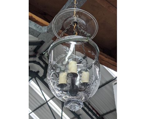 BELL LANTERN, etched glass, three branch light, 100cm drop approx. 