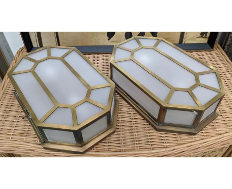 WALL LANTERNS, a pair, frosted glazing, gilt metal frame, each with two branch light, 40cm x 25cm x 10cm. (2) 