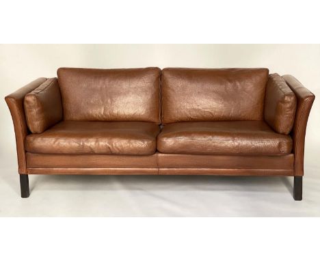 DANISH SOFA, 1970's mid brown grained tan leather with three seat cushions, 188cm W. 