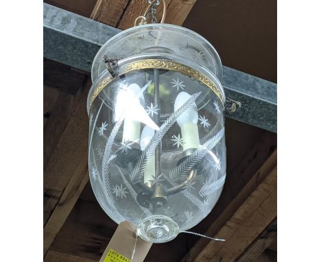 BELL LANTERN, etched glass, gilt metal, three branch light, 75cm drop approx. 