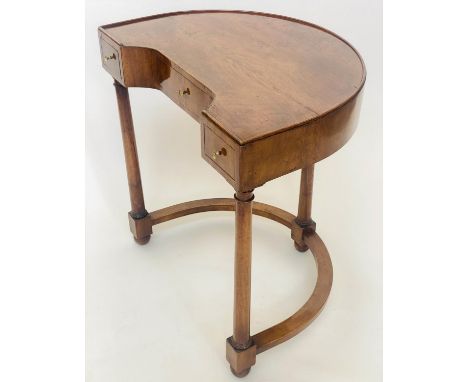 WRITING TABLE, 19th century Continental walnut demi lune with three frieze drawers and turned pillar supports, 72cm x 76cm H.