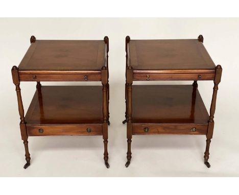 LAMP TABLES, a pair, George III design yewwood each with brushing slide, undertier and drawer, 44cm x 44cm x 60cm H. (2) 