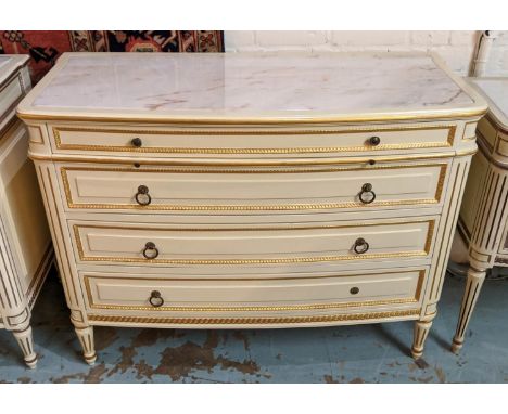 COMMODE, 110cm W x 83cm H x 50cm D Continental style with a brushing slide and four long drawers. 