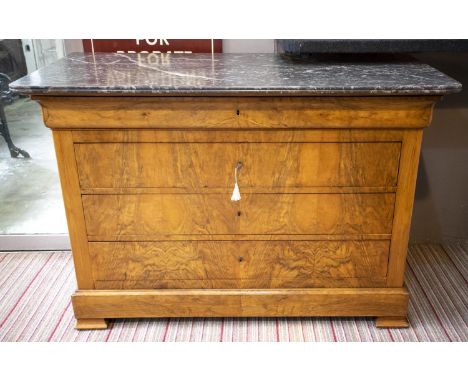 COMMODE, 90cm H x 129cm x 59cm, Louis Philippe walnut, circa 1840, with grey marble top above four drawers. 
