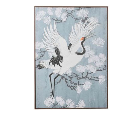 JAPANESE STYLE WALL PANEL, Crane in flight, print on canvas, framed, 140cm H x 100cm W. 