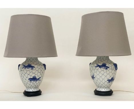 TABLE LAMPS, a pair, Chinese blue and white ceramic of vase form with wooden bases and shades, 60cm H. (2) 