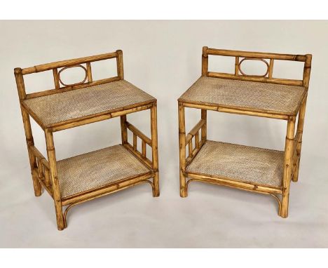 BAMBOO LAMP TABLES, a pair, bamboo framed each with two tiers and upstand, 51cm W x 35cm D x 65cm H. (2) 