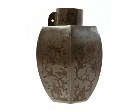 Pewter oriental octagonal tea caddy, inlaid with copper floral decor and birds, 26 cm high, 18 cm diameter (damage on outer w