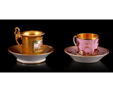 Porcelain cup and saucer with painted decor, ca. 1820, bottom of cup marked "BicheJardin des Plantes Vallée Suisse" after Fre