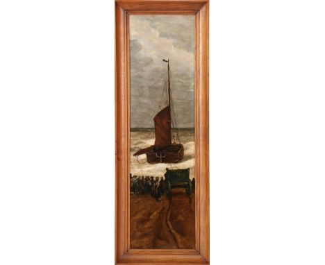 Earthenware tile with a polychrome representation of botter on the beach after HW Mesdag, marked on the front Rozenburg Den H
