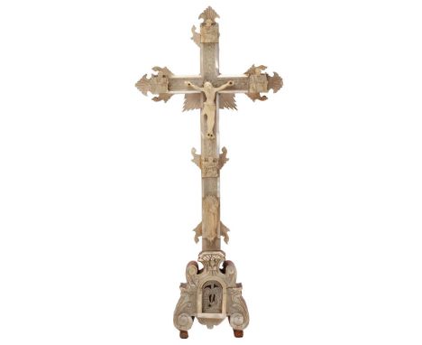 Standing wooden crucifix with mother-of-pearl decoration glued, 38 cm high, 17 cm wide