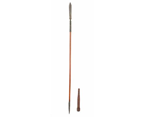 Fruitwood and metal spear with floral decorated handle, back with wrought iron reinforced tip, 2-part bamboo scabbard held to