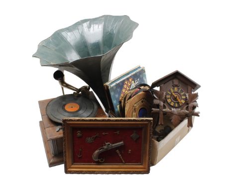 Box with bakelite and vinyl LPs, wall decoration, Schwarzwalder cuckoo clock and pathephone