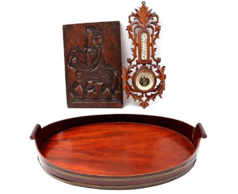 Oval mahogany tray, 60x42 cm, wooden double-sided cake board with carved decoration of Sinterklaas on horseback and sailing s