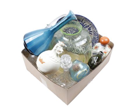 Box of various glassware and pottery incl. Goebel square vase, 1 pair of crystal decanters, anna green vase, blue and white s