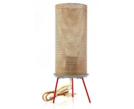 Metal perforated table lamp in the colors white, gray and red, ca. 1960, 30 cm high, shade 10 cm diameter