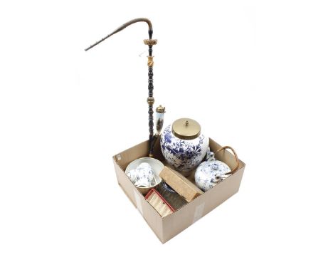 Box with porcelain chocolate kettle, jug and bowl, earthenware tobacco jar, pipe with porcelain cup with hunter image and twi