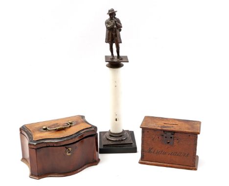 Mahogany veneer tobacco box with blackened edges, 11 cm high, 20x15 cm, oak altar boy box, 11.5 cm high, 16x7 cm and holder f
