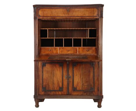 Mahogany veneer on oak flap desk with stitching, pearl frames, nest with open compartments and 3 drawers, black leather inlai
