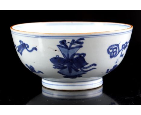 Porcelain bowl with blue and white decoration of artemisia leaf on the inside and Taoist symbols on the outside, marked with 