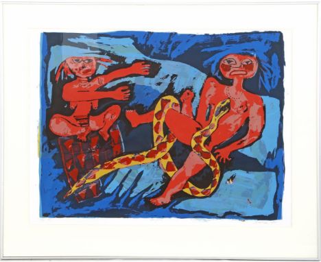 Unclear signed, Composition with figures and snake, serigraph dated 1985, 10/14, 59x77 cm, outer size is 81x101 cm