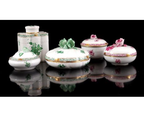 4 porcelain bonbonnieres and tea caddy with green and purple decor, marked Herend Hungary, largest bonbonniere 10 cm high, 16