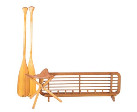 2 pine canoe paddles marked V&amp;R, a birch folding travel stool to rest on, and an oak wall coat rack for when you are at h