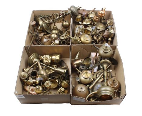 4 boxes with various copper standing oil lamps and candlestick