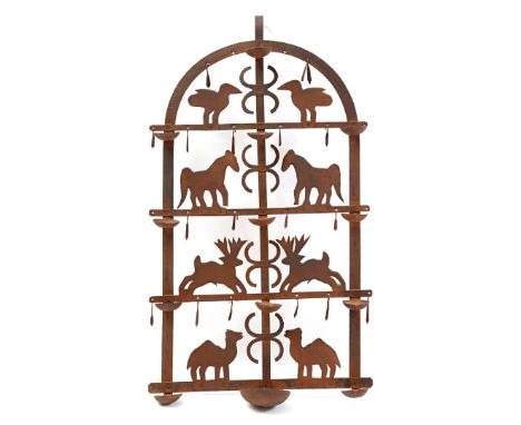 Iron oriental wall oil lamp with animal decoration and 13 bowls, 92 cm high, 52 cm wide