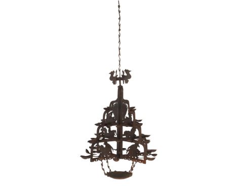 Iron oriental hanging oil lamp, 107 cm high, 60 cm diameter