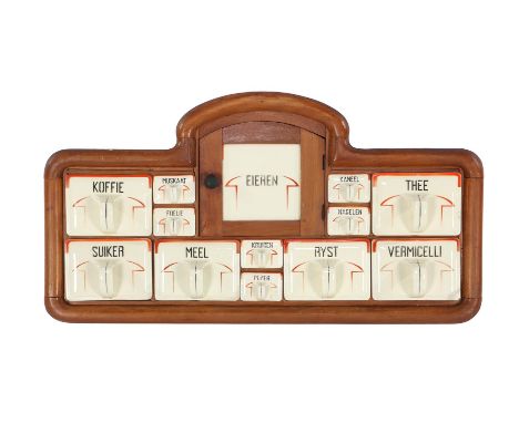 Beech wood kitchen spice wall rack with earthenware containers, 42 cm high, 78 cm wide, 19 cm deep