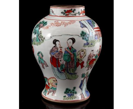 Porcelain pot with polychrome decor of many figures including playing children, China 19th century, 32 cm high