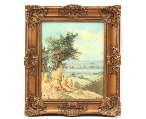 Signed K van Dongen, view of a church village on a river, canvas 50x40 cm (restoration)