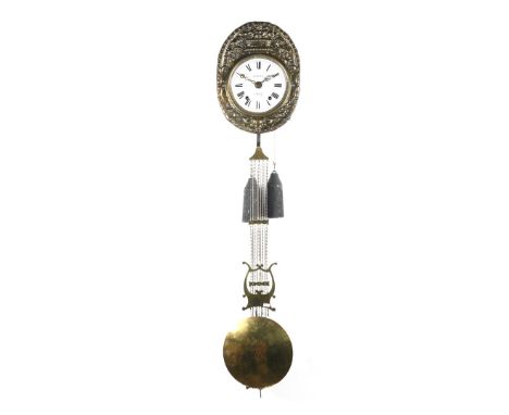 Comtoise clock, marked Mercier a Luzy on dial, with chair and harp pendulum, France ca. 1900