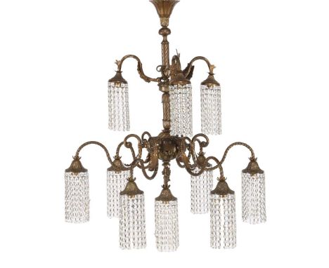 Classic double hanging lamp with 9 arms with cut beads, approx. 100 cm high, 80 cm diameter