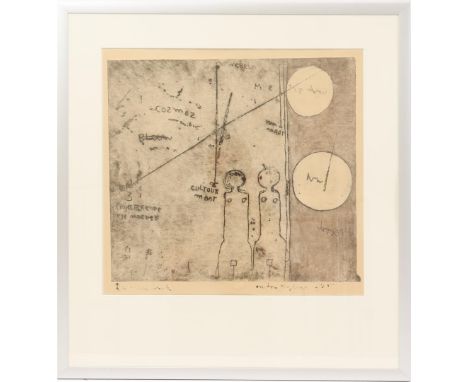 Anton Heyboer (1924-2005)Composition with figures and text, etching dated 1965, own print, 45x50 cm