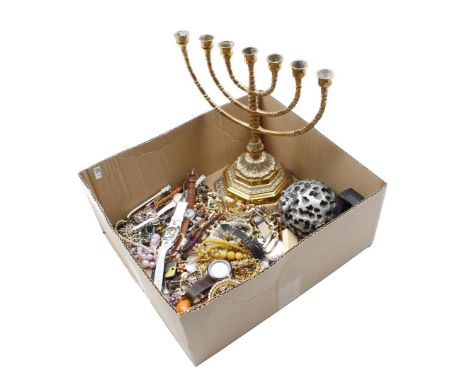 Box with various bijou, brass Jewish candlestick and metal statue of a hedgehog, marked with monogram CW
