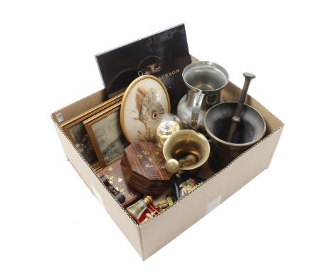 Box with pewter jug, mortars with pestles, Michael Jacksen collector item Dangerous, wall decorations, wooden boxes, opera gl