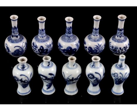 5 porcelain miniature vases with floral decor and patterns in the neck, China Kangxi period, 7.5 cm high (1 with chip, 1 with