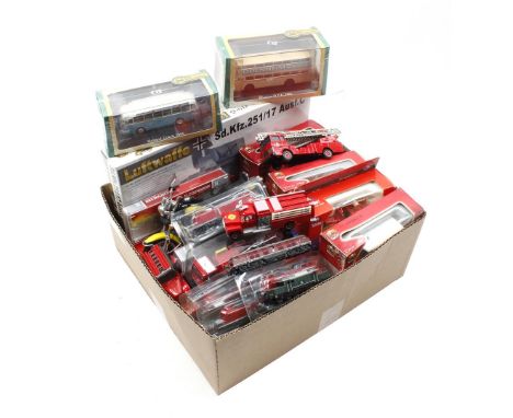 Box with various cars including Solido, motor, modelbau German armored vehicle and trains including Fleischmann