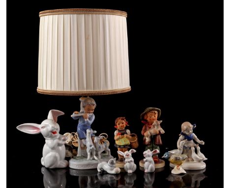 Lot consisting of 8 various porcelain figurines and table lamp including Lladro, Rosenthal and Goebel, highest 37 cm (damage)