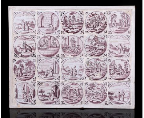 Manganese tile tableau of 12 tiles with different decor Wed. Biblical scene, old crafts, landscape and Dutch scene in wooden 