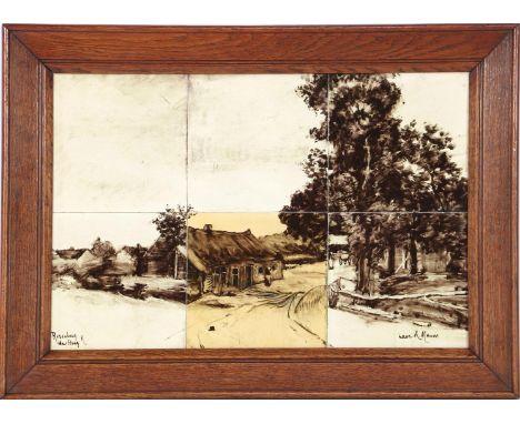 Earthenware tile tableau consisting of 6 tiles depicting a country road with trees, houses, figures and cart, after A. Mauve,