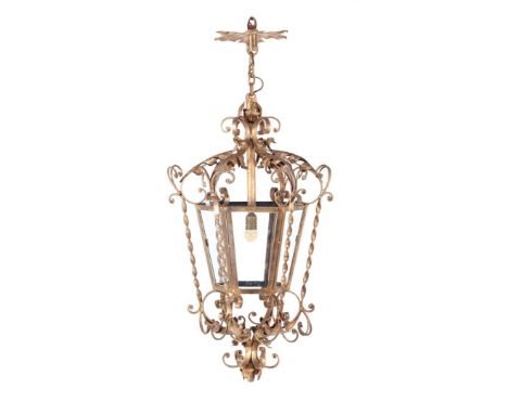Metal gold colored lantern with glass panes, 116 cm high, 55 cm diameter