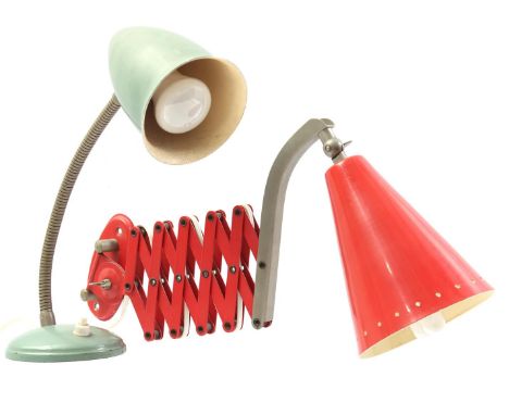 Green metal adjustable desk lamp and Hala Zeist scissor lamp with perforated stars in shade, Netherlands 1950s, stretched app