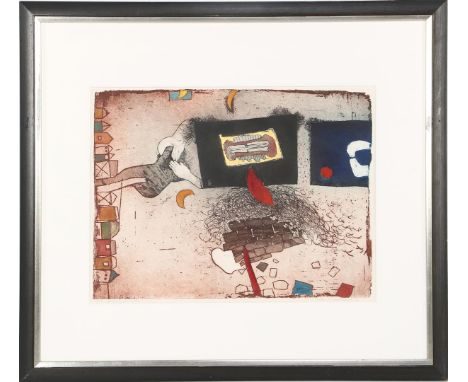 Michel van Overbeeke (1942-)Breaking the wall, color etching dated 1992, 1/50, 49x64 cm, outer size is 89x99 cm