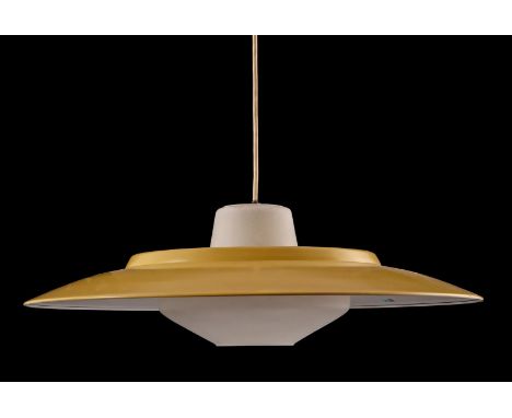 Louis Christiaan Kalff (1897-1976)Opaline glass hanging lamp with white/yellow lacquered metal shade, design Louis Kalff vorr